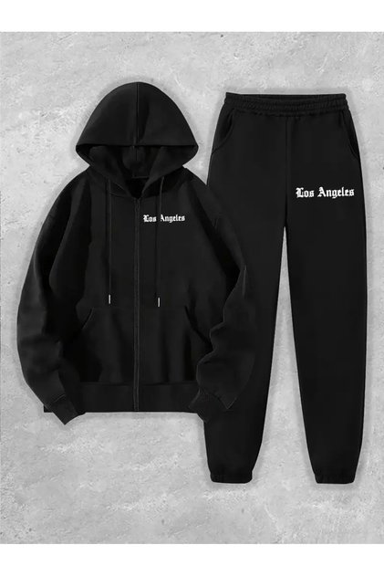 Set din două piese Los Angeles cu imprimeu cu fermoar cu glugă - XS-7XL