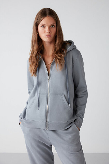 Carlota Women's Fleece Inside Organic Fabric Metal Zippered Hooded Soft Blue Sweatshirt