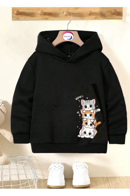 Pamuklu Kapüşonlu Kedi Baskılı Siyah Çocuk Sweatshirt