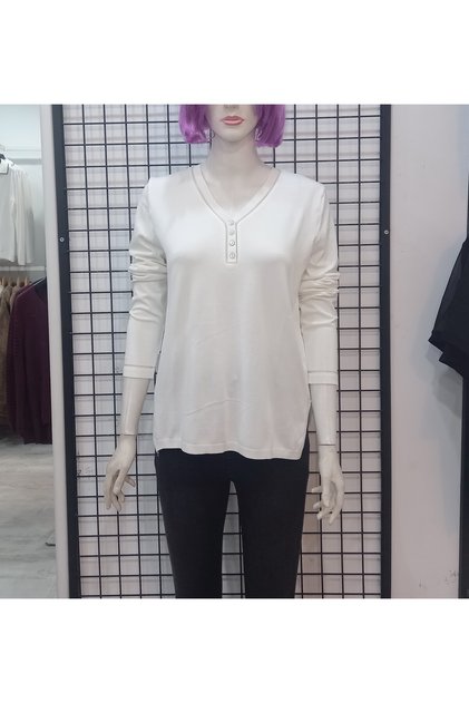 Jm Knitwear Blouse with V-Neck Button and Tulle Detail