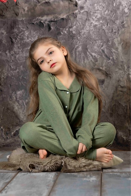 Girl's Khaki Color Short Sleeve Shirt Pajama Set