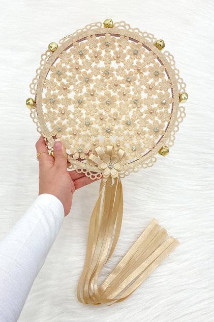 Cappuccino Floral Shiny Stone Bridal Tambourine, Wedding Henna Promise Circumcision Bachelorette with Bell 25cm, 1 Piece