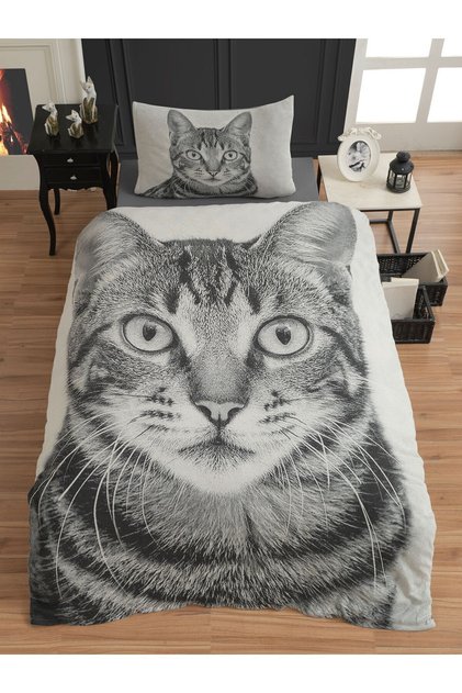 Amico Cat, Ultra Hd Jacquard Patterned Knitted Combed Cotton Single Duvet Cover Set