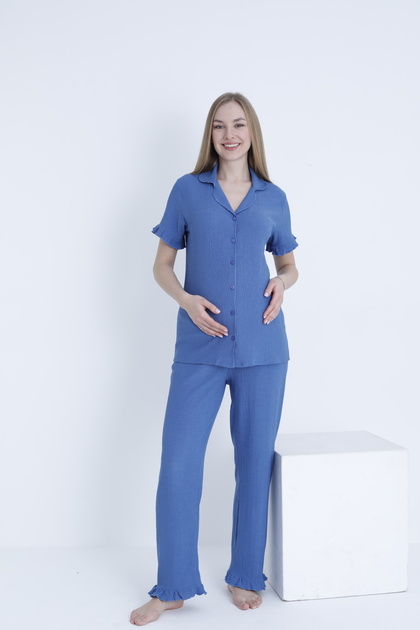 Front Button Shirt Collar Adjustable Waist Elastic Woven Maternity and Maternity Pajamas Set