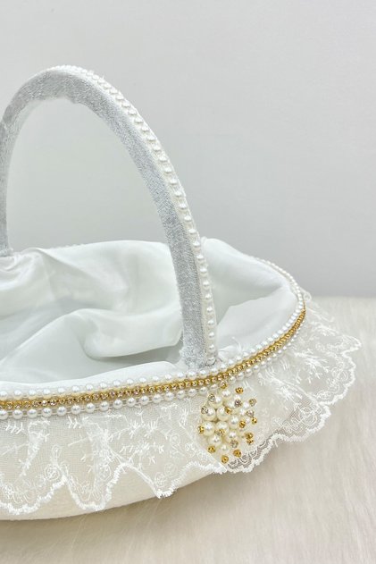 White Bridal Basket, Velvet Gold Shiny Stone Decorated Scalloped, Henna Engagement Wedding Wedding Promise Circumcision