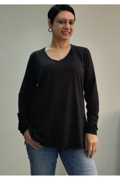Black V-Neck Long-Sleeved Combed Cotton Viscose T-Shirt
