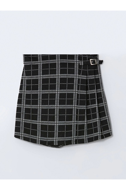 Lcw Kids Black Plaid Girls' Shorts Skirt with Elastic Waist