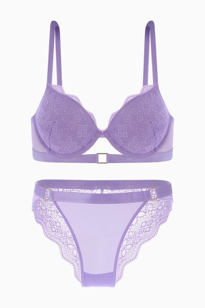 Andes Lace Bra Panty Set with Metal Accessories - Extra Push Up, Padded - 2576 - Lilac