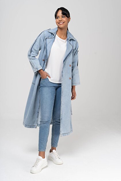 Olcay Kruvaze Apolet Detaylı Oversize Denim Trençkot MAVİ 6592
