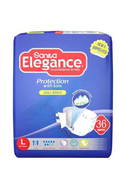 Sanita Elegance Adult Diapers, Double Absorbency Layer, Large - 36 Pieces