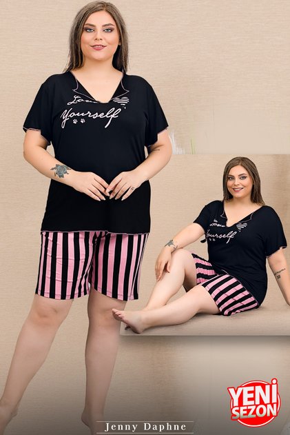 Lady Plus Size Striped Short-Sleeved V-Neck Printed Shorts Pajama Suit 10427