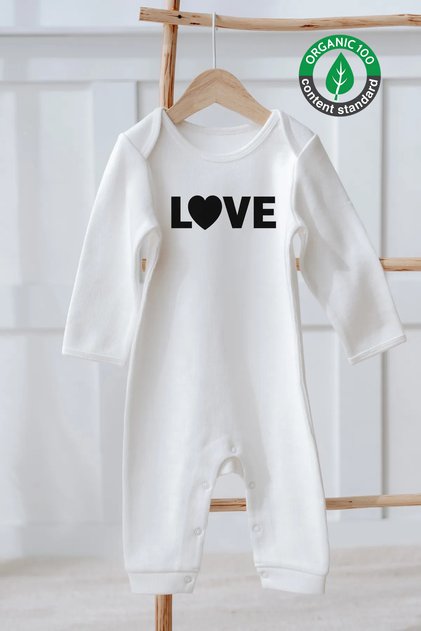 100% Organic Cotton Long Sleeve Valentine's Day Themed Baby Romper Love Black