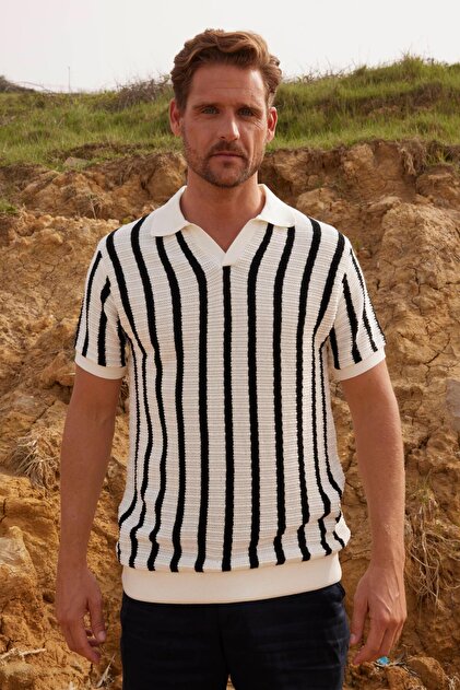 Tudors Erkek Slim Fit Dar Kesim Örme Nefes Alan Çizgili Kıvrılmaz