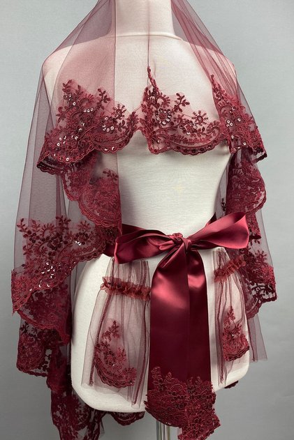 Burgundy Alice Sequin Bridal Veil Henna Face Covering