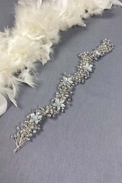 Gray Embellished Flower Crystal Beaded Bridal Hair and Turban Accessory