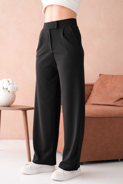 Ženske široke crne pantalone od rastegljive krep tkanine sa zatvaranjem na čičak 001