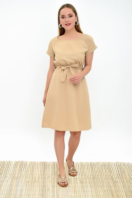 9303031 Dok.Viskon Elastic Waist Bat Sleeve Dress Beige