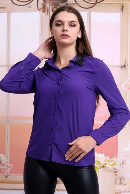 21401555 Long Sleeve Shirt with Leather Trim on the Collar Purple