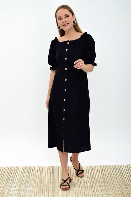 9301603 Bodrum Front Buttoned Balloon Sleeve Dress Black