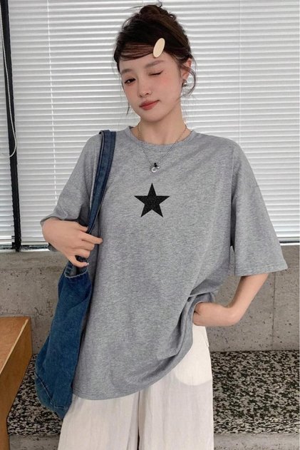 Women's Grimelange Oversize Black Silvery Star Printed Trend Loose Fit Tshirt