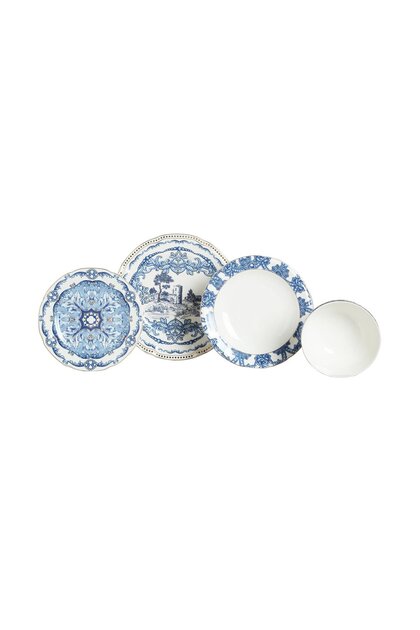 Florance Mavi&Beyaz Desenli New Bone China Porselen 24 parça Yemek Takımı