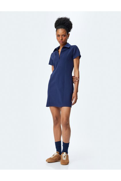 Crepe Scuba Fabric Slim Fit Zipper Detail Mini Polo Neck Dress
