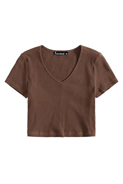 Kadın Kahverengi V Yaka Kısa Kol Crop T-shirt , Likralı Fitilli Kaşkorse Kumaş