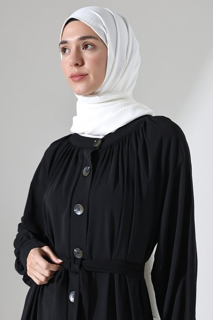 Tesettür Elbise Siyah Yarım Patlı Düğmeli Beli Kemerli Oversize Salaş
