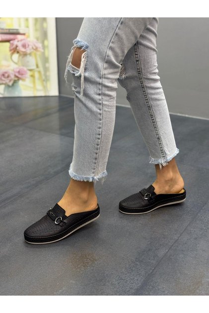 Black Leather Laser Women's Casual Slippers