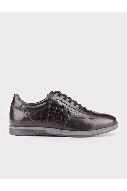 Genuine Leather Rubber Sole Black Lace-Up Men's Sports Shoes