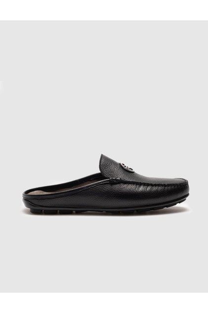 Genuine Leather Black Buckle Men's Slippers
