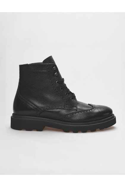 Genuine Leather Black Lace-Up Zippered Men's Boots