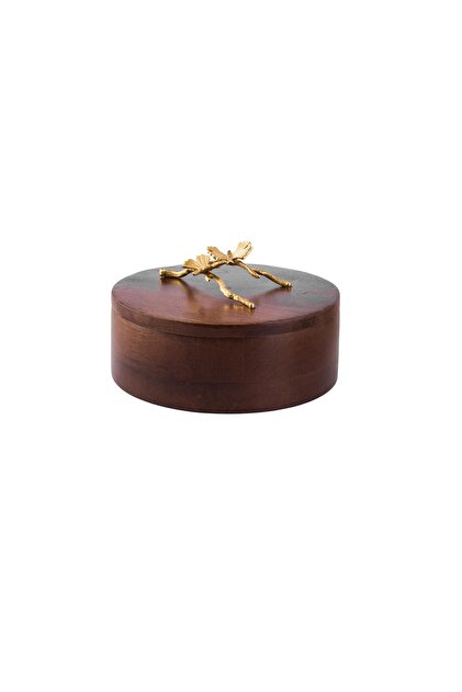 Round wooden box with gold brooch, size 20 cm