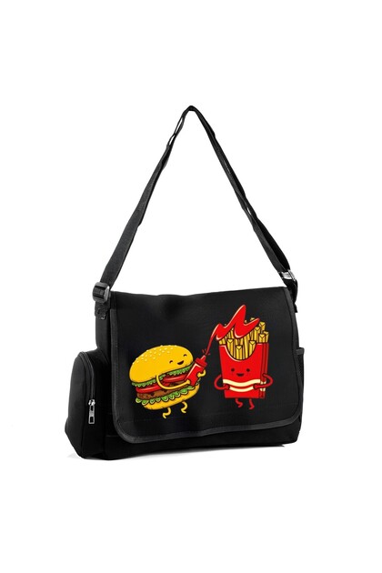 Food Potato and Hamburger Ketchup War Printed Unisex Pocket Detailed Messenger Bag