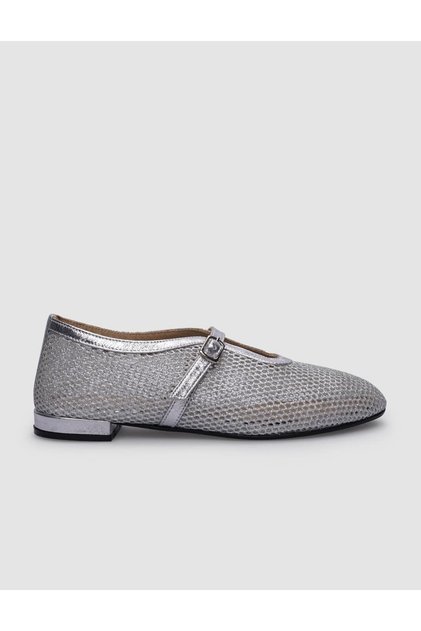 100% Genuine Leather Gray Mesh Women's Ballerinas with Buckle Detail