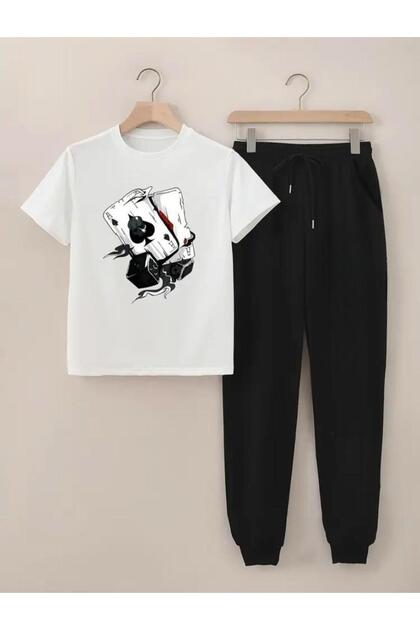 Dice Printed T-Shirt Sweatpants Jogger Casual Fit Black Tracksuit Set
