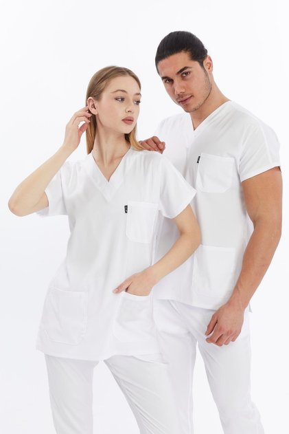 Happiness Basic - Lycra Doctor Nurse Uniform Set Scrubs Uniform Surgical Suit (Unisex), White