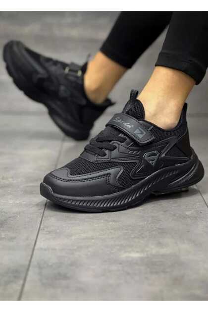 Children's Lace-Up Black Single Velcro Flexible Lightweight Breathable Comfortable Unisex Mesh Sneaker Sports Shoes
