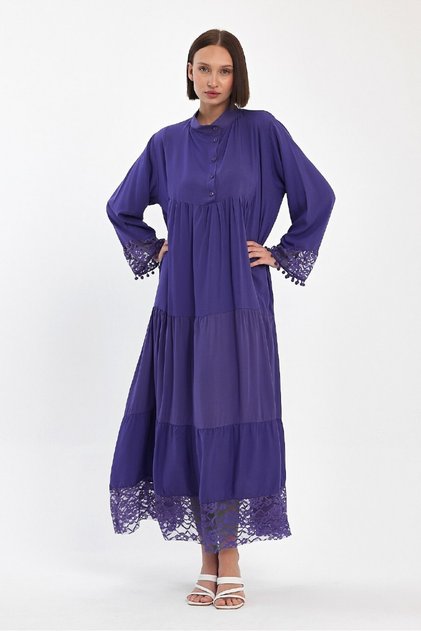 Women's Purple Button Collar Lace Detail Long Dress