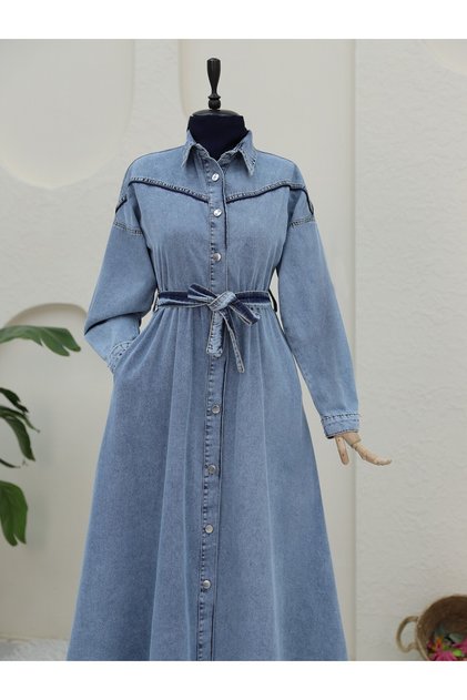 Shoulder piped, full-length buttoned denim dress - ice blue