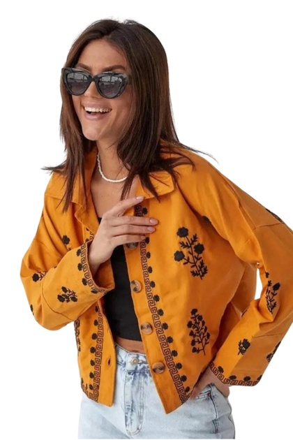Women's Orange Wrap Embroidery Regular Fit Button Long Sleeve Jacket