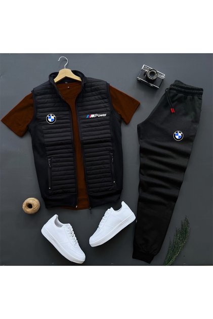 Basic Bmw Mpower Printed Quilted Vest - Summer Sweatpants - T-Shirt 3-Piece Top and Bottom Set