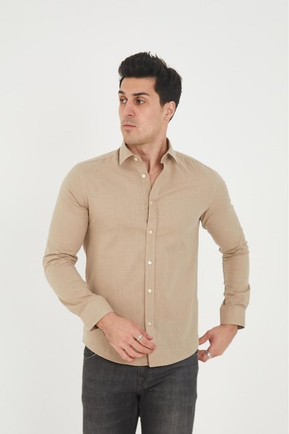 Bej- Slim Fit Cotton, Linen Texture Men's Shirt