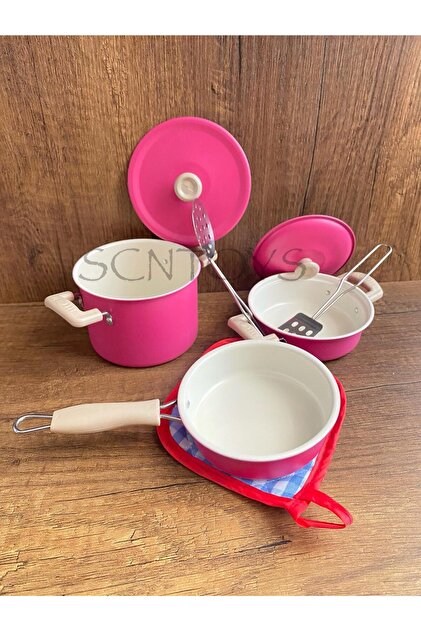 scntoys 8 Parça Emaye Metal Oyuncak Tencere Tava Seti Evcilik
