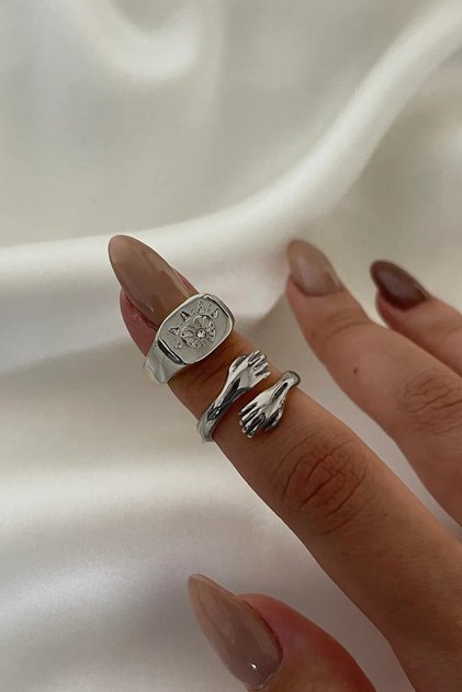 Silver 2-Piece Eye and Hand Adjustable Ring