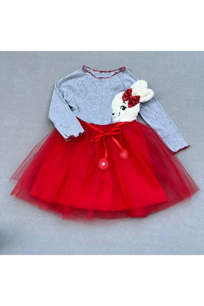 5-6-7 Years Old Plush Rabbit Print Ribbon Belted Lined Girl Kids Tutu Dress Red