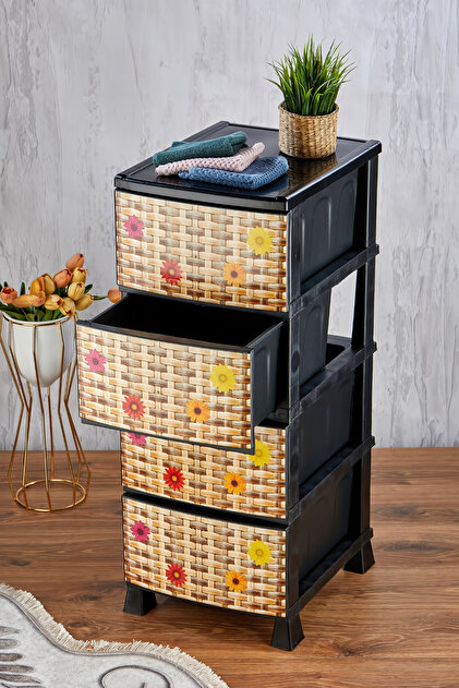 Homie 4 Katlı Çekmeceli Baskılı Desenli Kapaklı Plastik Komidin