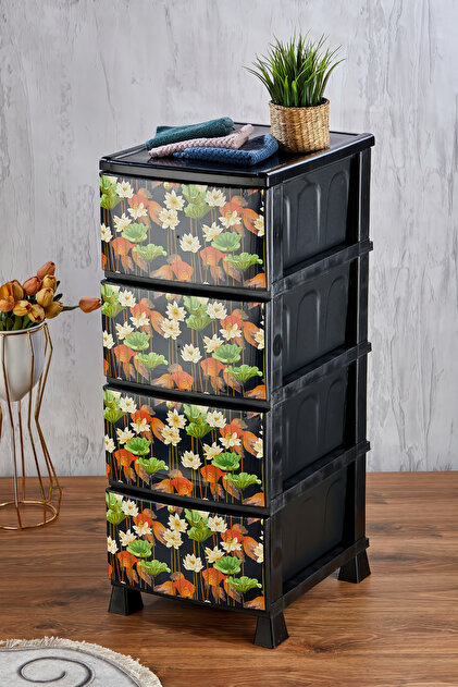 Homie 4 Katlı Çekmeceli Baskılı Desenli Kapaklı Plastik Komidin