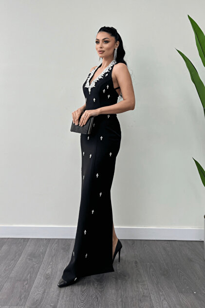giyimmasal Atlas Fabric Stone Detailed Halter Neck Evening Dress - Black-  Trendyol