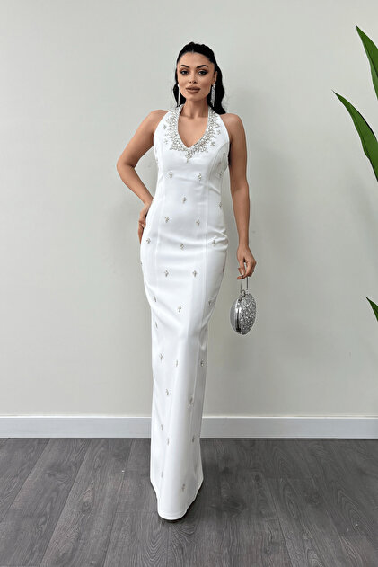 giyimmasal Atlas Fabric Stone Detailed Halter Neck Evening Dress - White-  Trendyol